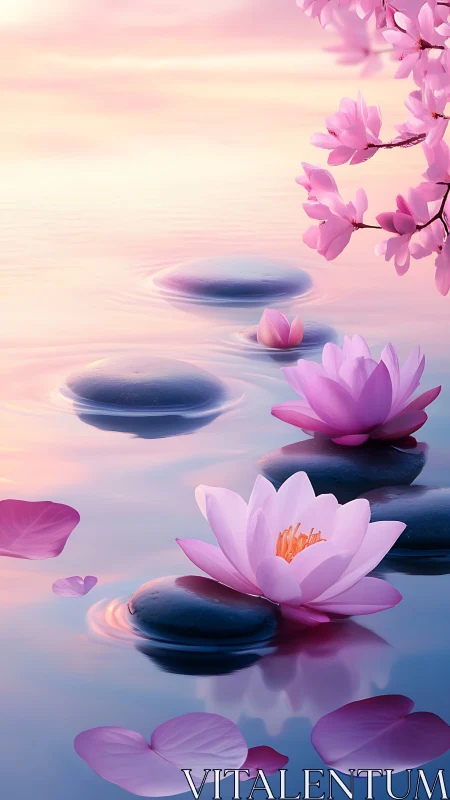 Serene lotus blossoms drift across pastel sunset waters