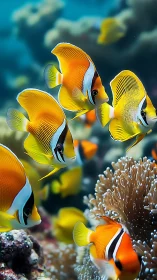 Multiple tropical reef fish swim near coral and sea anemone