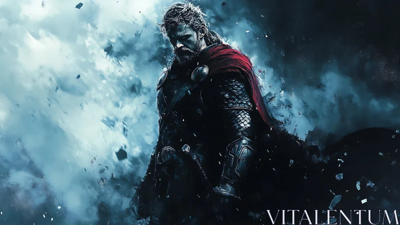 Storm warrior in red cloak amid fractured blue stormscape.