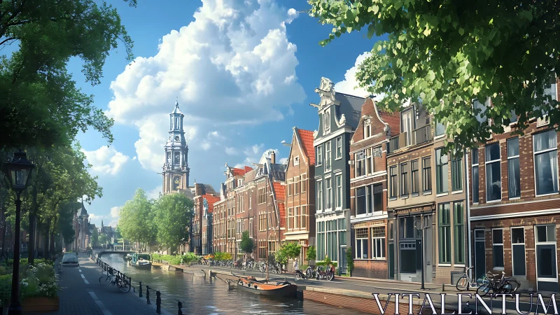 Historic canal street with tower and row houses in sunlight.