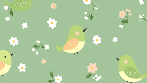 Cute Green Cartoon Birds with Flowers on Pastel Background.