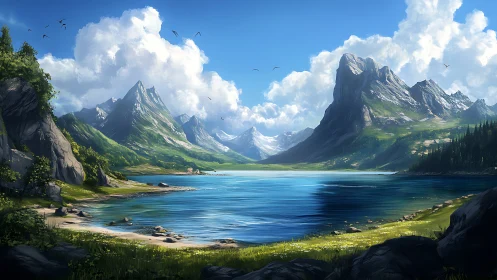 Sky-dancing peaks guarding a glassy blue mountain lake.