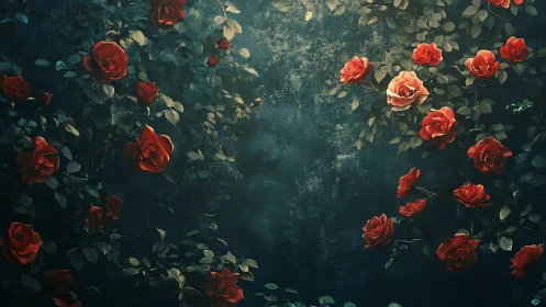 Red Roses in Misty Gardens.