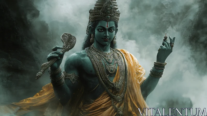 Divine blue deity in mist with golden robe and regalia.