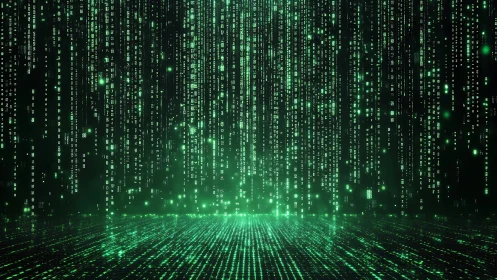 Digital green code rain over reflective virtual surface.