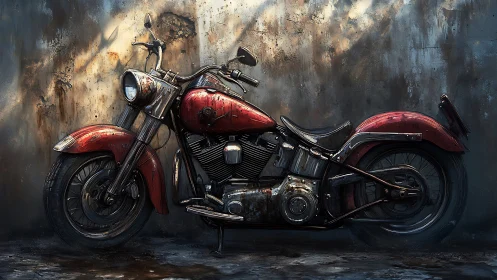 Rusty red vintage motorcycle against weathered concrete wall.
