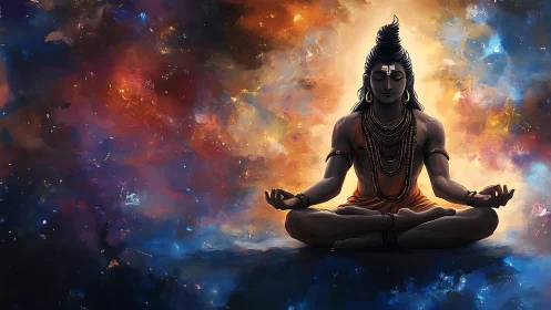 Meditating Shiva figure against vivid cosmic backdrop.