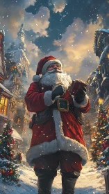 Jolly Santa strolls through a snowy village of glowing lights