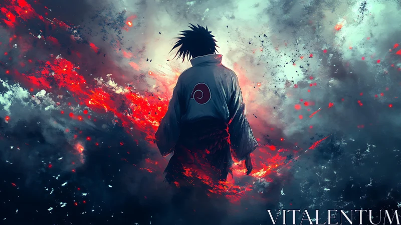 Digital painting of lone warrior in eruptive chromatic storm.