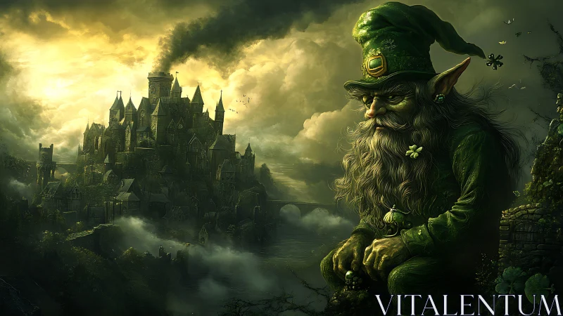 Brooding leprechaun sentinel overlooking mist-shrouded gothic citadel