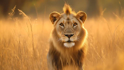 Male lion stands in golden grassland during warm sunset light