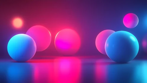 Vibrant glowing spheres in neon blue and pink digital art style.