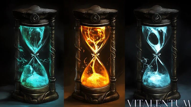 Triptych of elemental hourglasses with liquid-like contents.