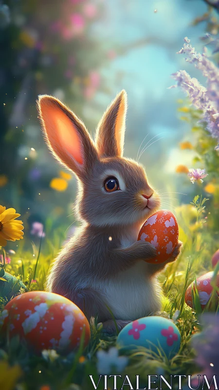 Sweet springtime bunny cradling a colorful Easter egg.