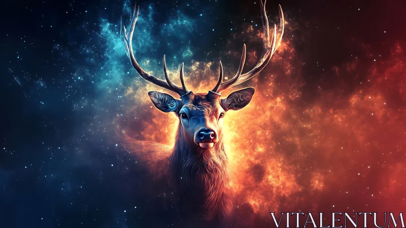 Majestic cosmic stag emerges between fiery and icy nebulae