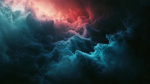 Vivid teal and red storm clouds in dramatic contrast.