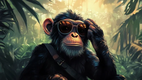 Digital painting of stylish chimp in cinematic jungle light.