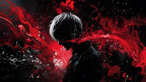 Silhouetted figure stands in profile amid red liquid arcs