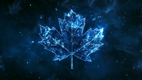 Luminous crystalline maple leaf silhouette on cosmic blue field