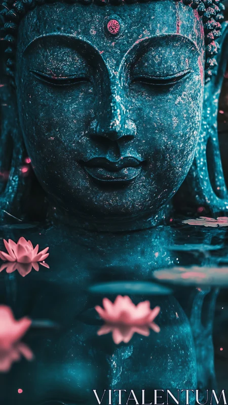 Gentle Buddha statue rests in tranquil water with soft lotus blooms