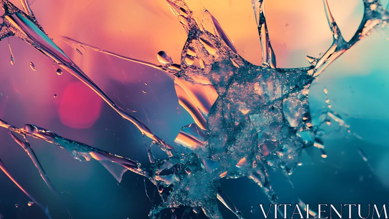 Abstract macro of shattered glass with colorful bokeh lighting.