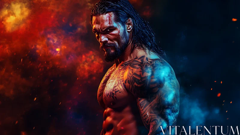 Fire and ice muscles carve a mythic warrior from smoke