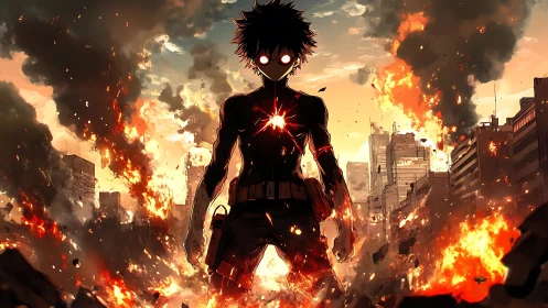Backlit anime superhuman amid urban firestorm detonation