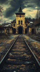 Abandoned railway station looms under dark storm clouds.
