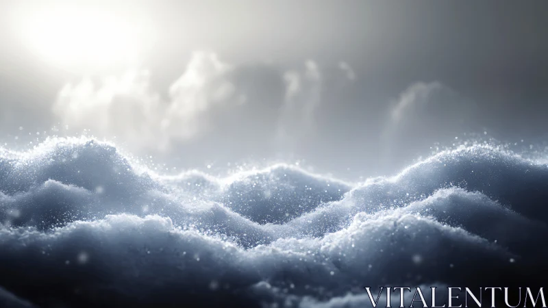 Luminous snowdrift waves shimmer under a soft winter sky