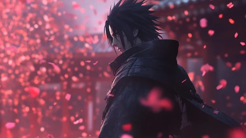 Brooding anime warrior stands amid drifting crimson petals