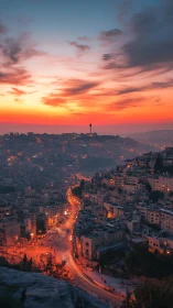 Twilight urban valley with winding arterial road and skyline haze