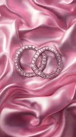 Pink diamond rings on glossy satin fabric background.