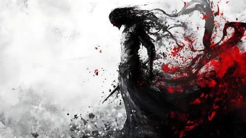 Dark warrior silhouette amid swirling red and black chaos.
