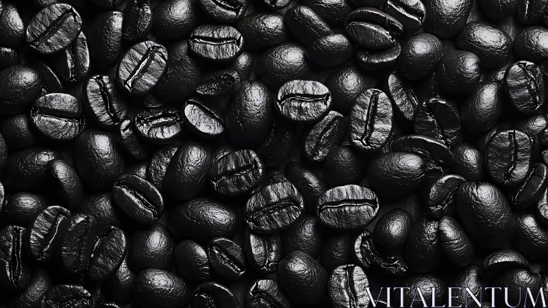 Close range view of glossy dark roasted coffee beans.