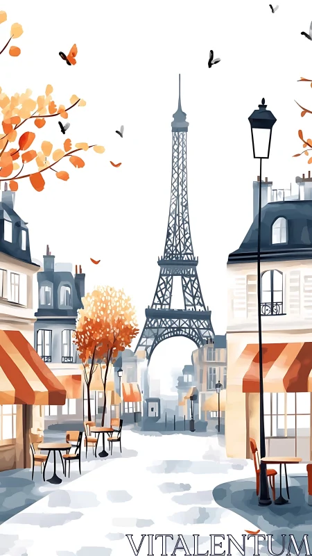 Parisian street scene with Eiffel Tower in autumn light.