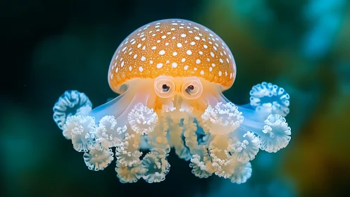 Spotted jellyfish specimen is shown suspended in clear water