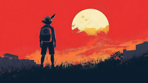 Boy silhouette with backpack facing large sun at sunset.