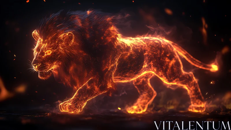Fiery spectral lion strides through embers and darkness.