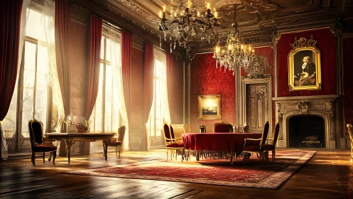 Opulent baroque dining hall drenched in golden daylight.