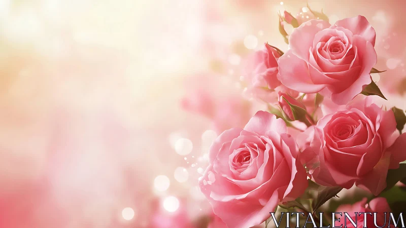 Pink roses bloom with soft bokeh bokeh light and ethereal glow.