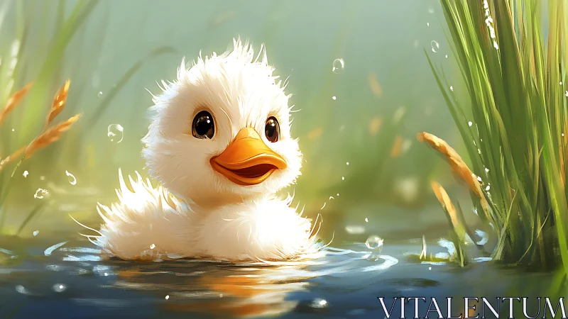 Fluffy pond wanderer with moon-wide eyes and sunshine bill.