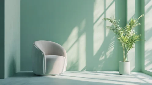 Soft daylight models mint interior with curved chair and palm