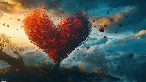 Heart-Shaped Tree Floating in Surreal Landscape