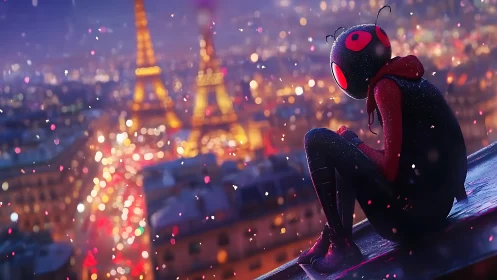 Heroic insect-suited teen overlooks glowing Paris skyline