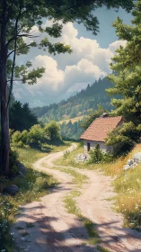 Rural dirt path curving past small house in green valley.