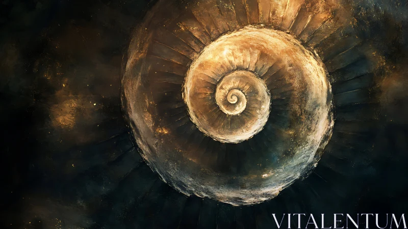 Spiral fossil geometry rendered in luminous cosmic tones.