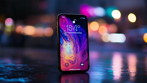 Sleek smartphone glows softly against dreamy city night lights