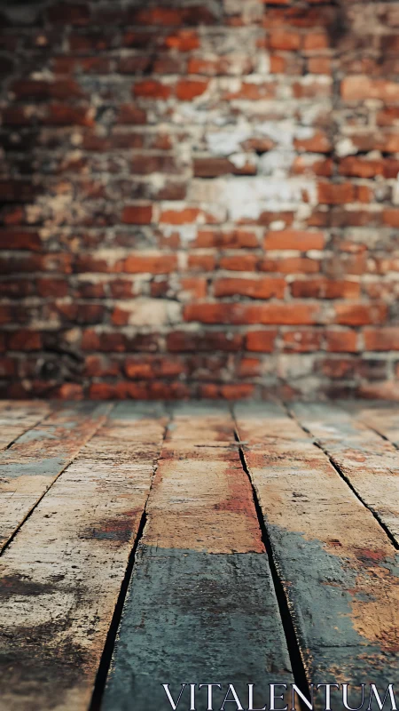 Weathered wooden floorboards meet defocused aged brick wall plane