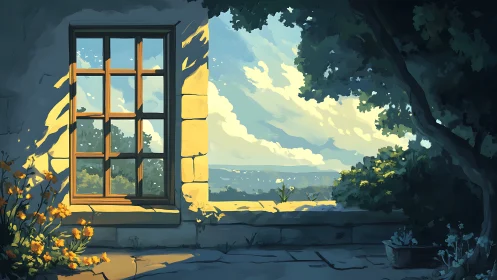Sunlit stone window opens onto a tranquil countryside horizon
