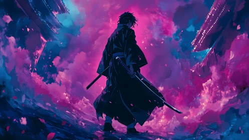 Samurai silhouette before neon clouds and distant structures.